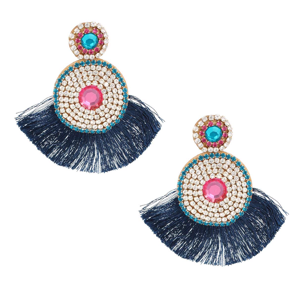 Navy Tassel Rhinestone Circle Earrings