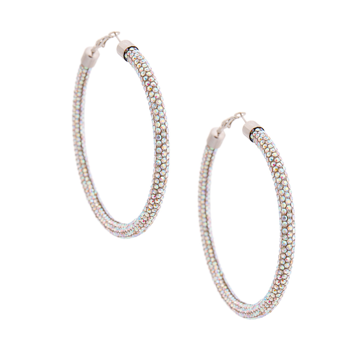 Silver Aurora Borealis Rhinestone Tube Hoops