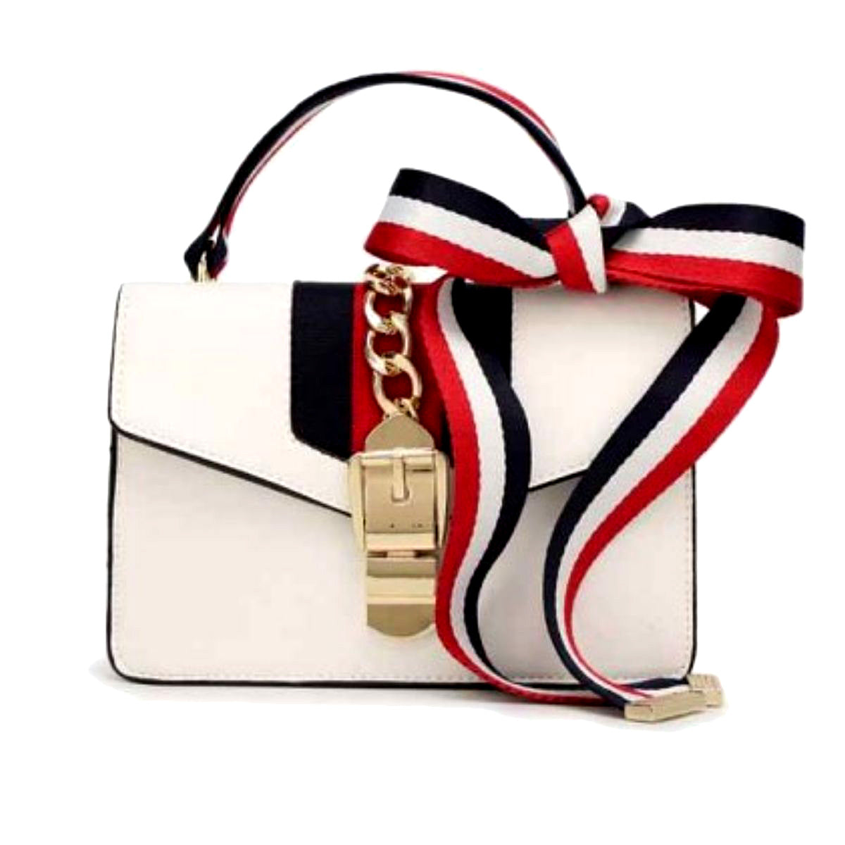White Designer Stripe Ribbon Satchel