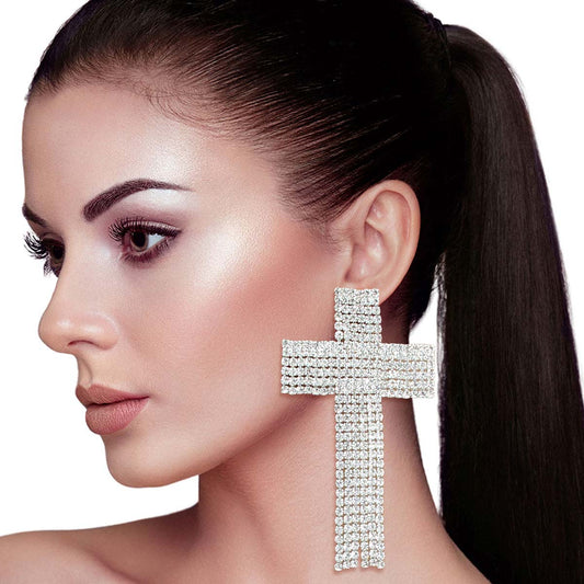 Silver Rhinestone Fringe Cross Post Earrings