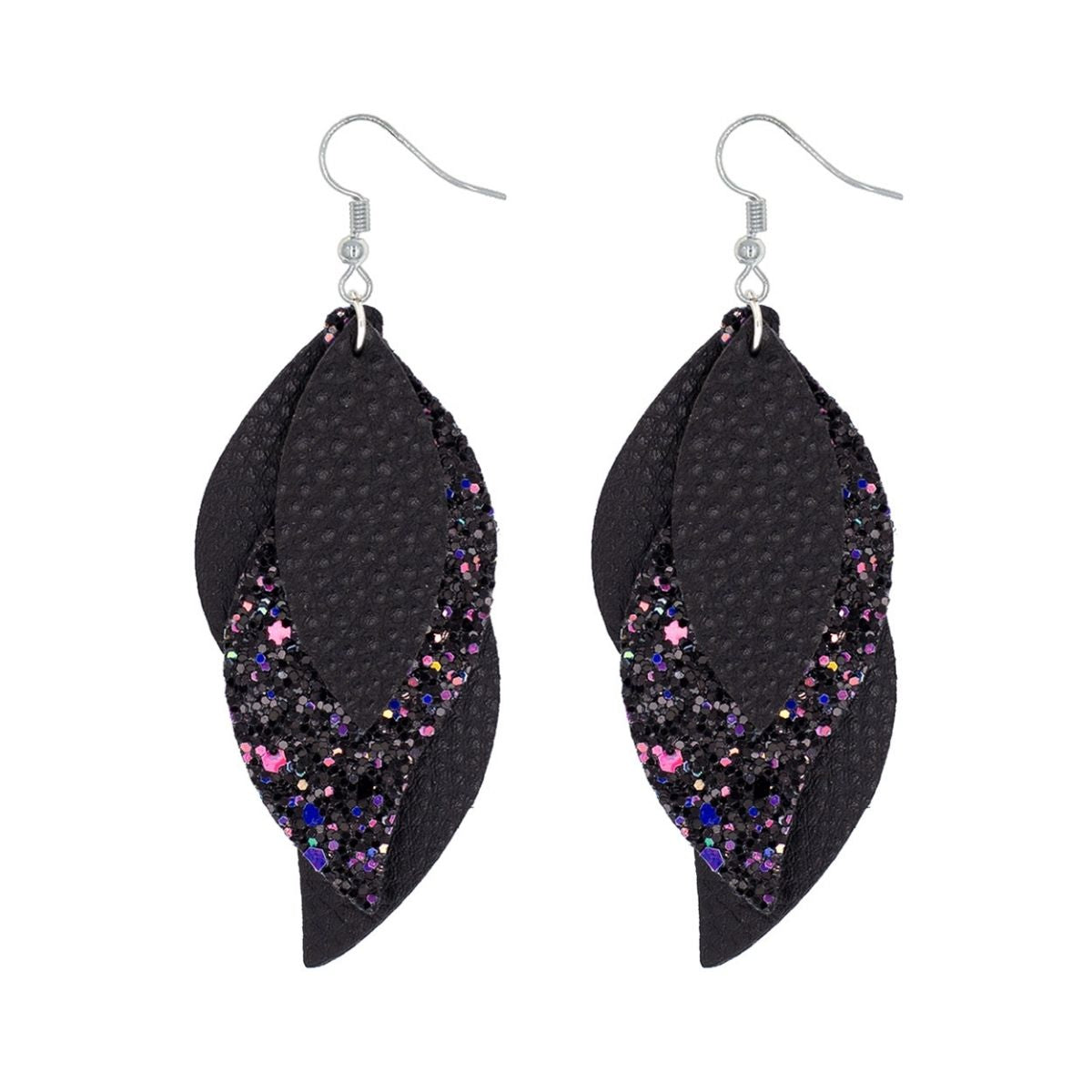 Black Leather Glitter Leaf Earrings