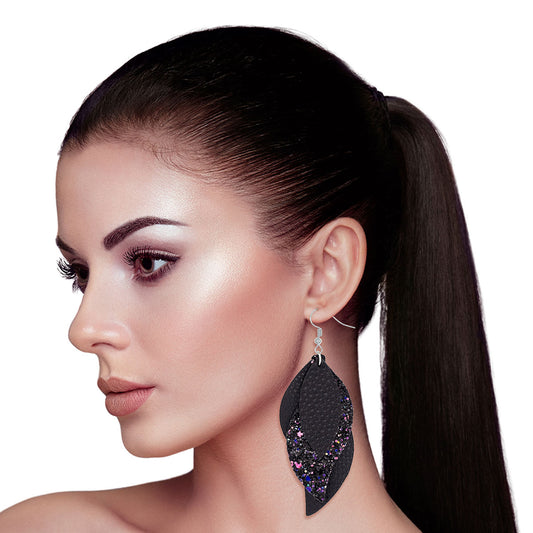 Black Leather Glitter Leaf Earrings
