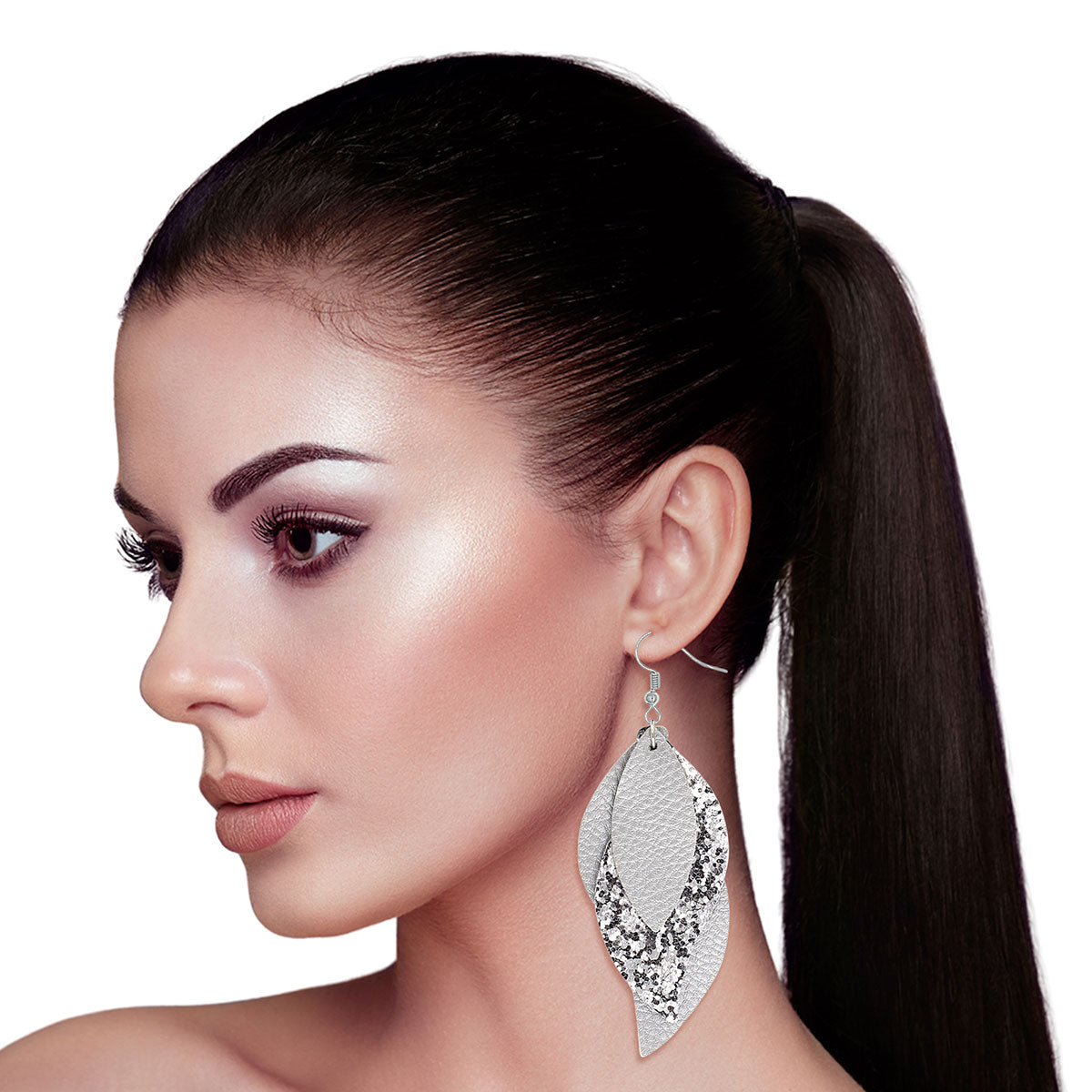 Silver Leather Glitter Leaf Earrings