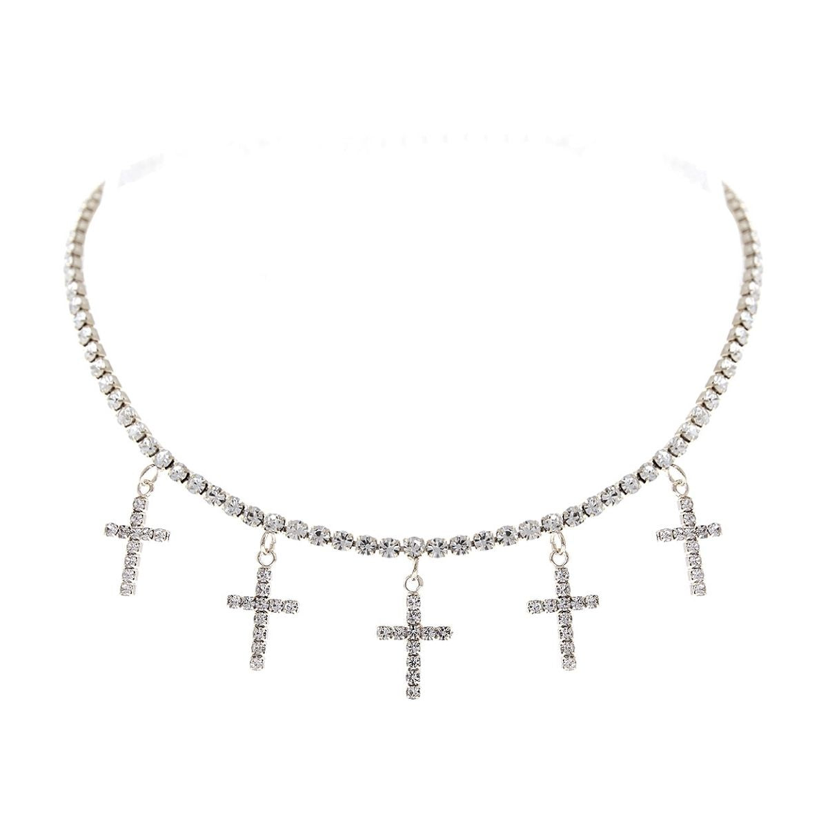 Silver Rhinestone Cross Charm Choker