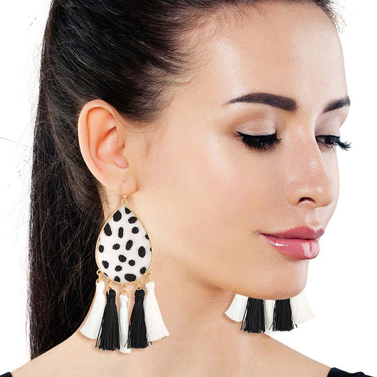 Black and White Cheetah Tassel Earrings