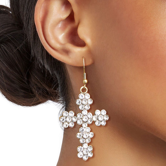 Round Rhinestone Gold Cross Fish Hooks