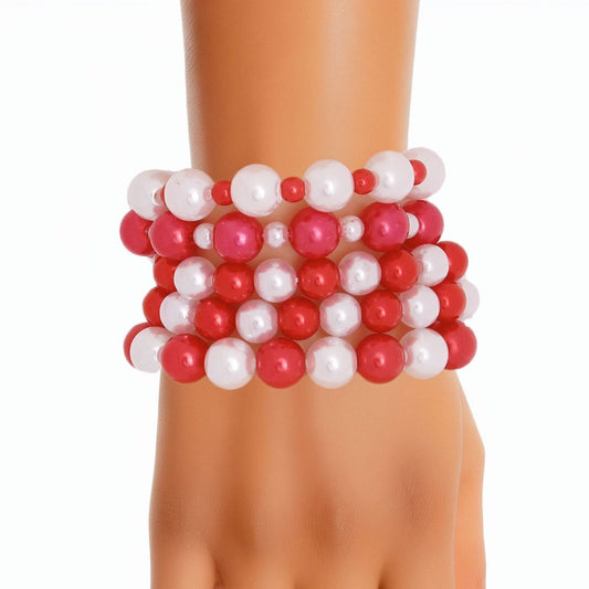 5 Pcs DST Red and White Pearl Bracelets