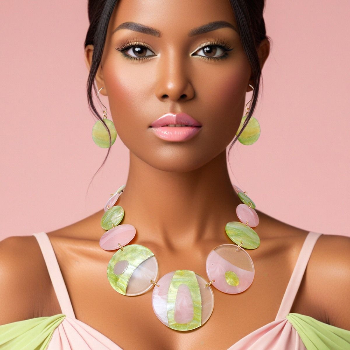 AKA Pink Green Disc Collar Necklace for Women