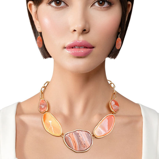 Collar Orange Agate Marbled Gold Necklace Women