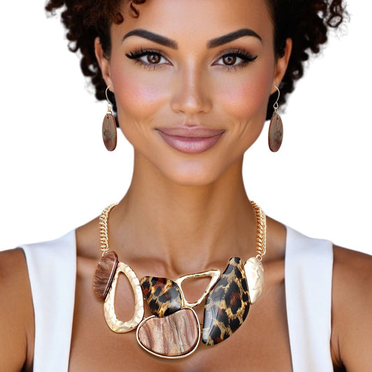 Bib Gold Chain Leopard and Brown Resin Necklace