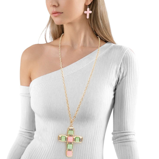 AKA Pendant Pink Green Cross Gold Chain Necklace