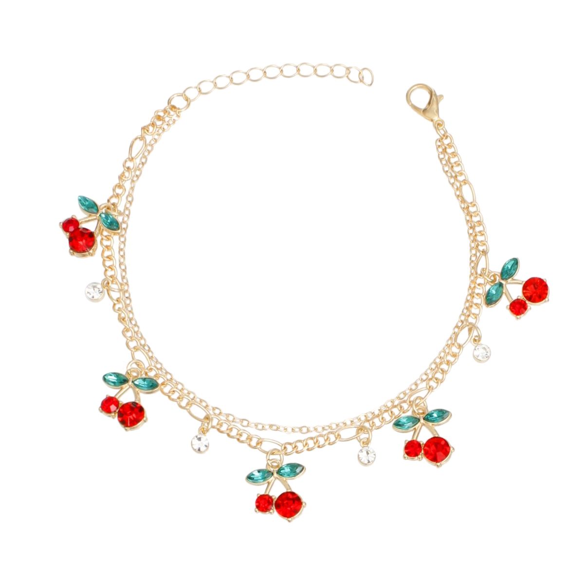 Anklet Cherry Red Rhinestone Double Gold Chain