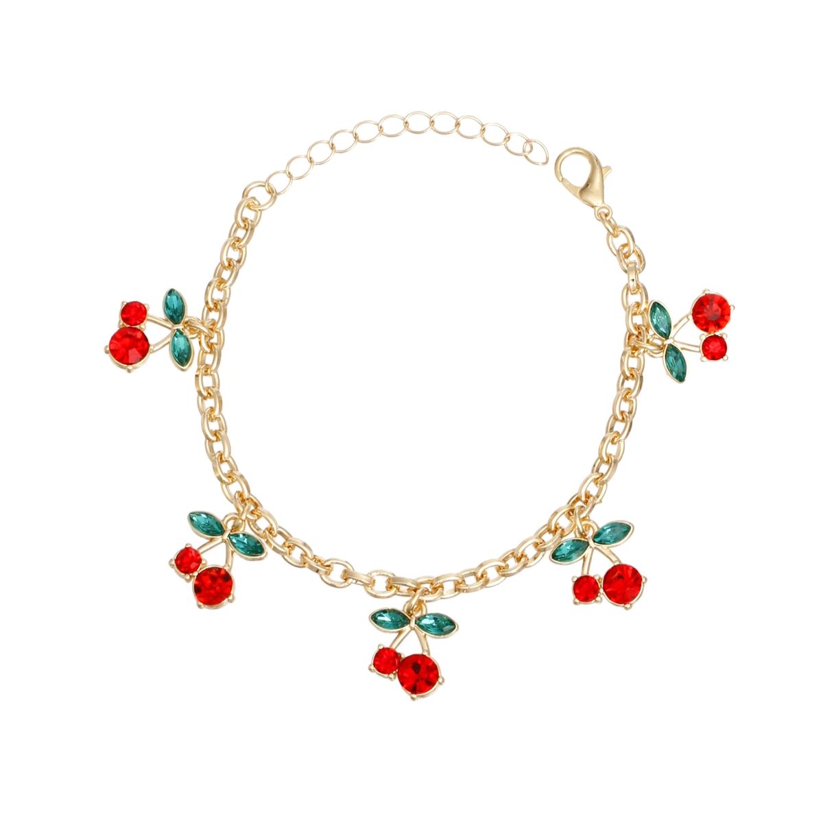 Bracelet Cherry Red Rhinestone Charm Gold Chain