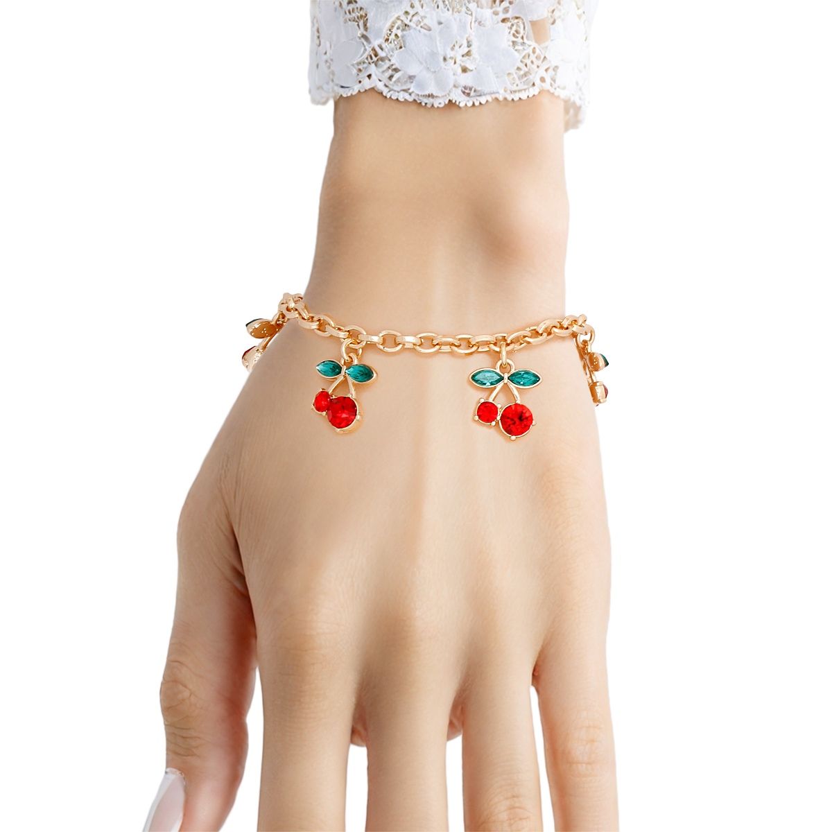 Bracelet Cherry Red Rhinestone Charm Gold Chain
