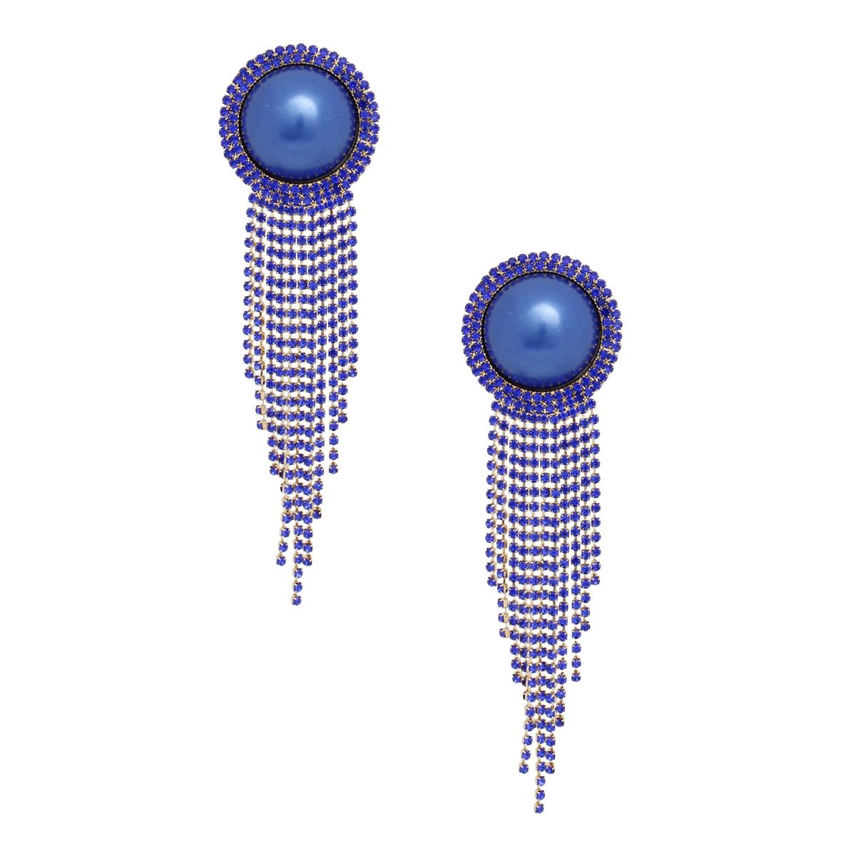 Clip On Royal Blue Pearl Dome Stone Fringe Earring
