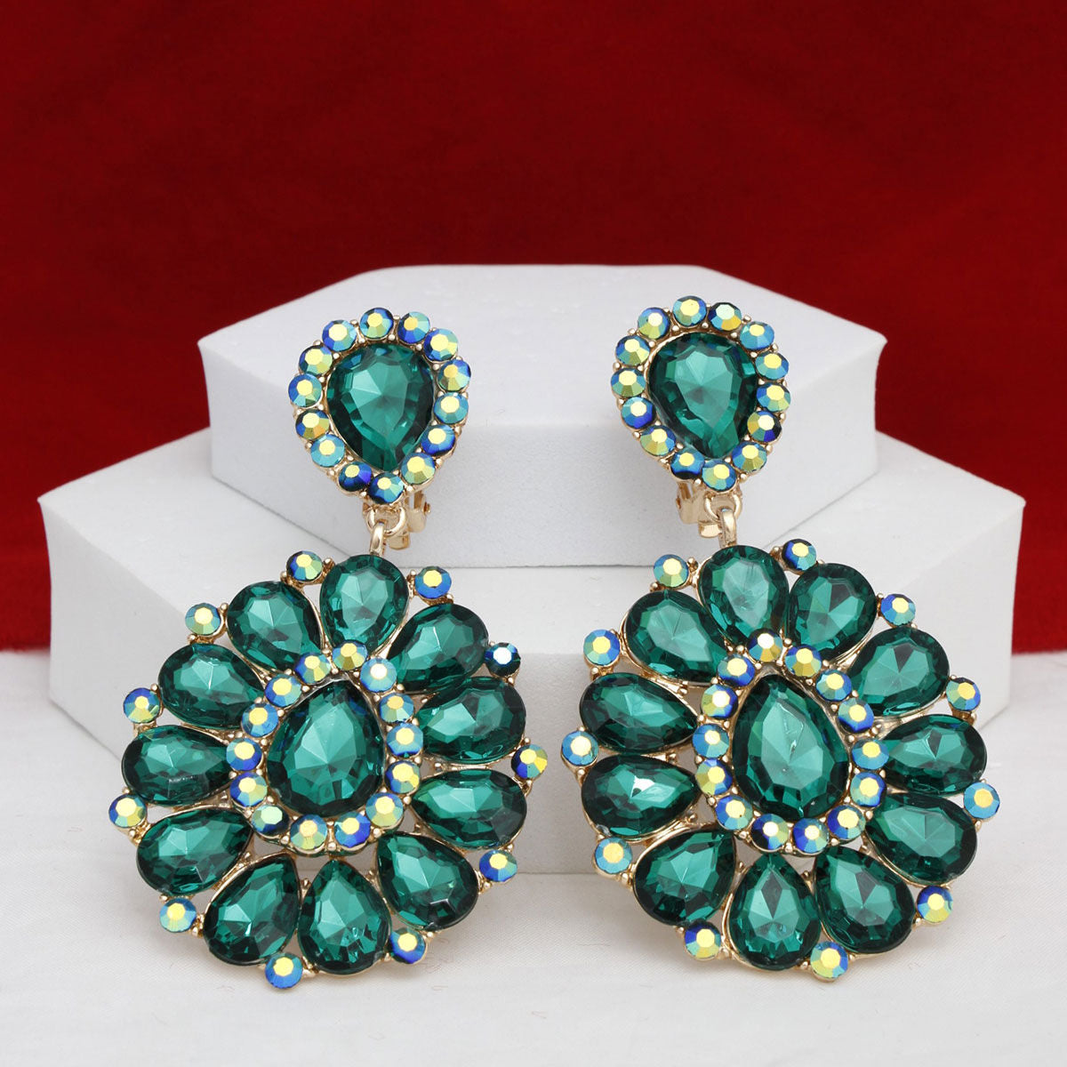 Clip On Brilliant Green Teardrop Crystal Earrings