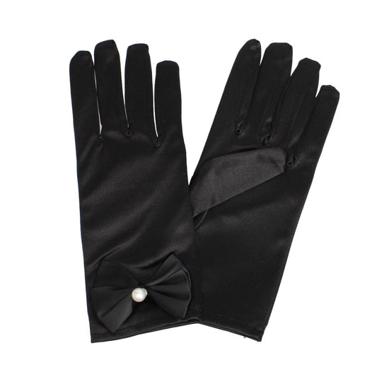 Black Satin Bow and Pearl Formal Gloves for Women