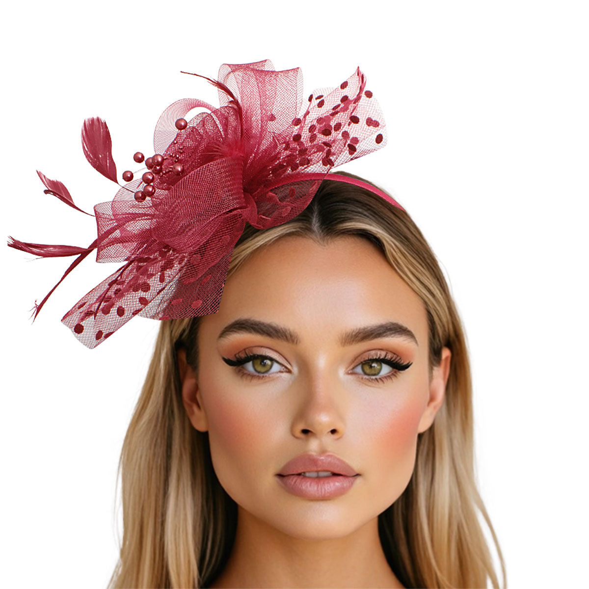 Burgundy Flower Feather Polka Dot Fascinator