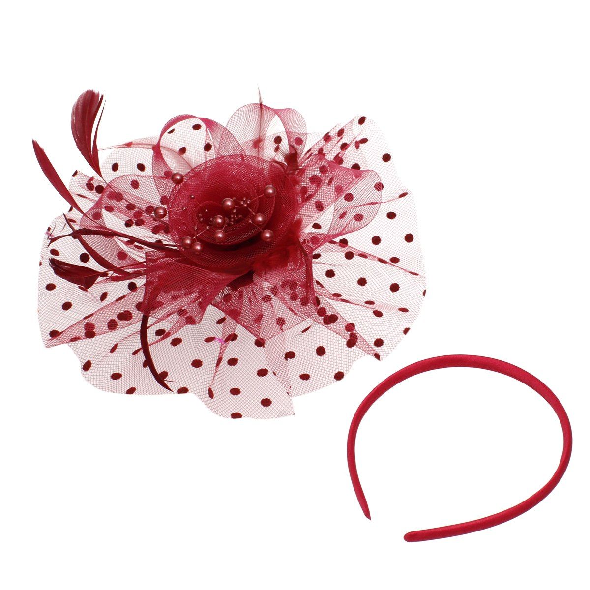 Burgundy Flower Feather Polka Dot Fascinator