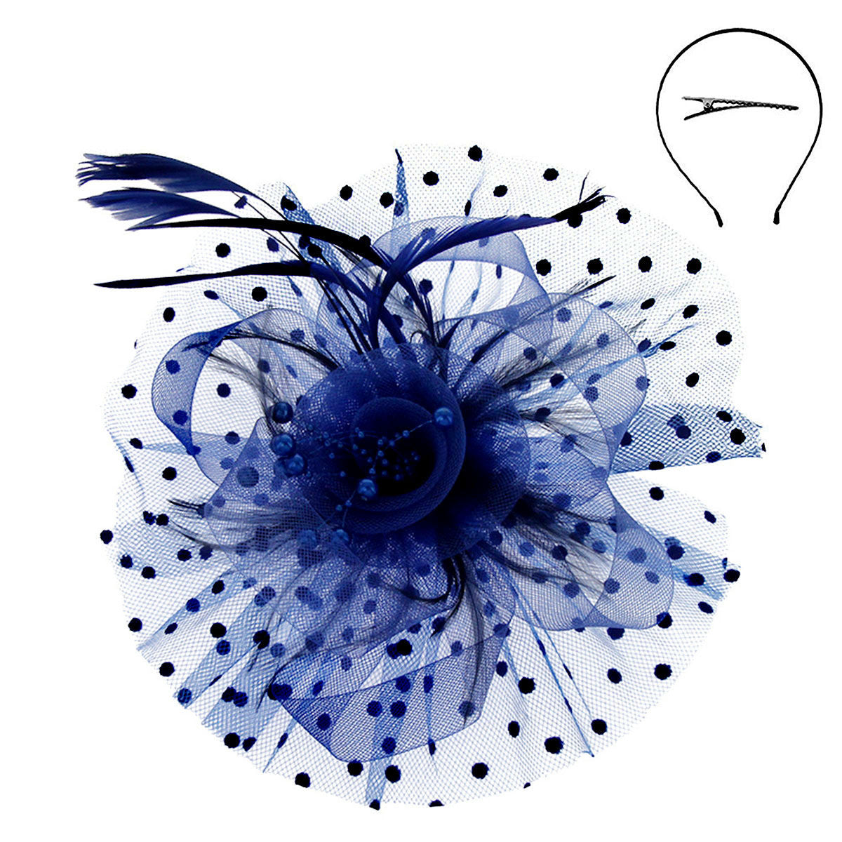 Royal Blue Flower Feather Polka Dot Fascinator