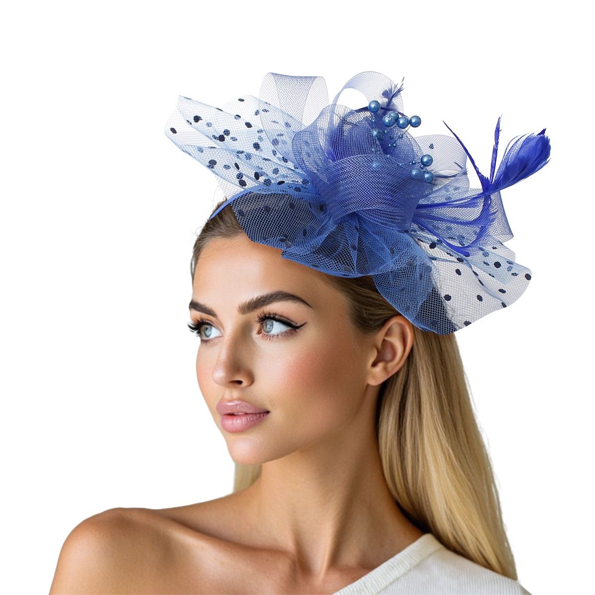 Royal Blue Flower Feather Polka Dot Fascinator
