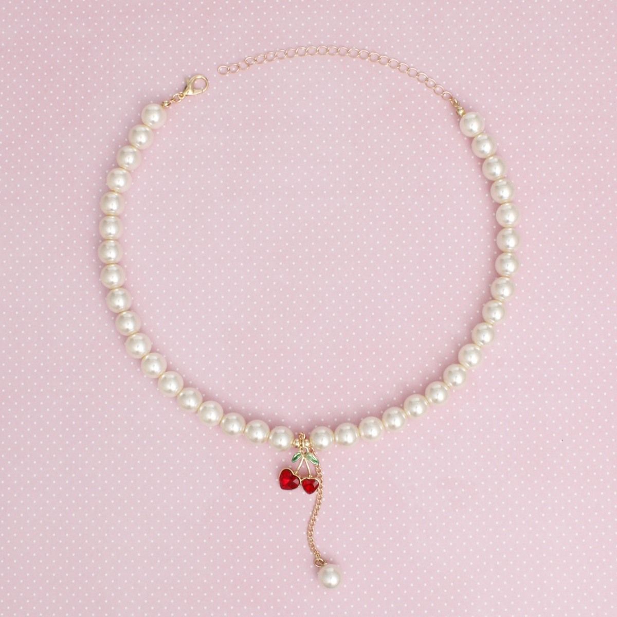 Charm Cream Pearl Cherry Red Heart Necklace Women