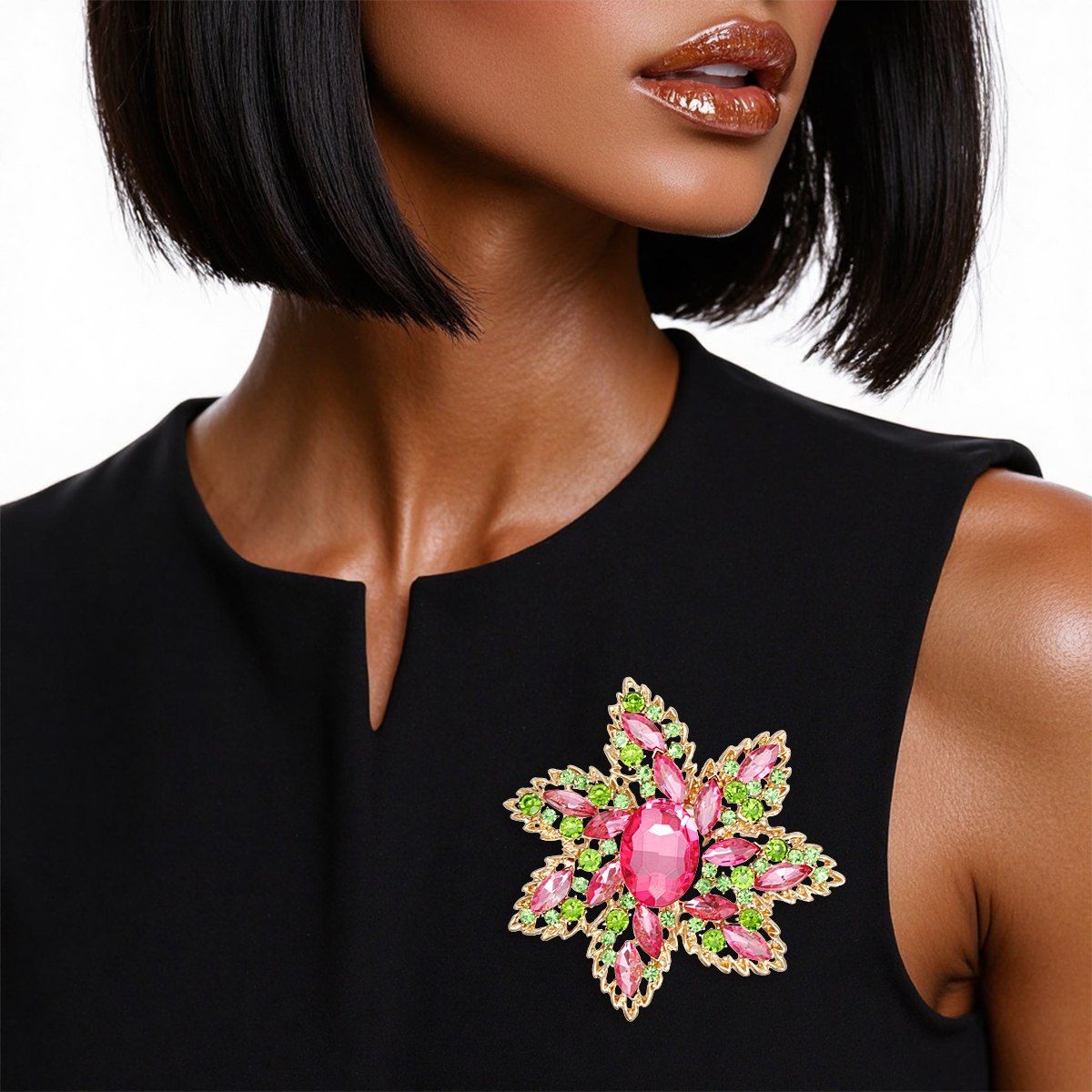 AKA Pointed Flower Pink Green Crystal Brooch