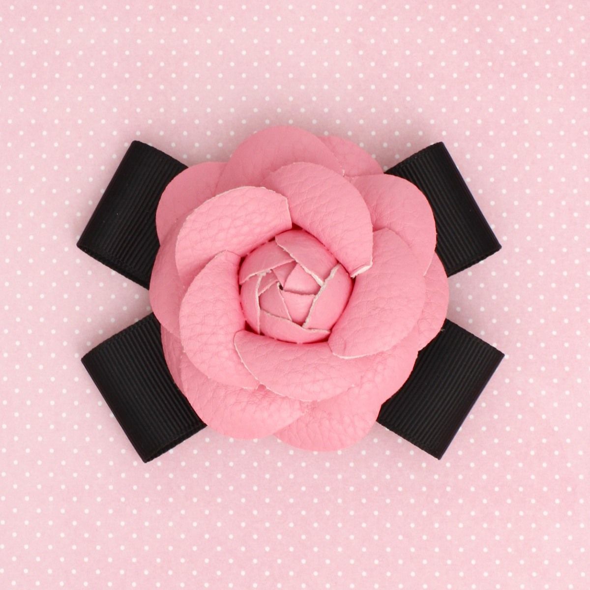 Brooch Clip Pink Faux Leather Camellia Ribbon Pin