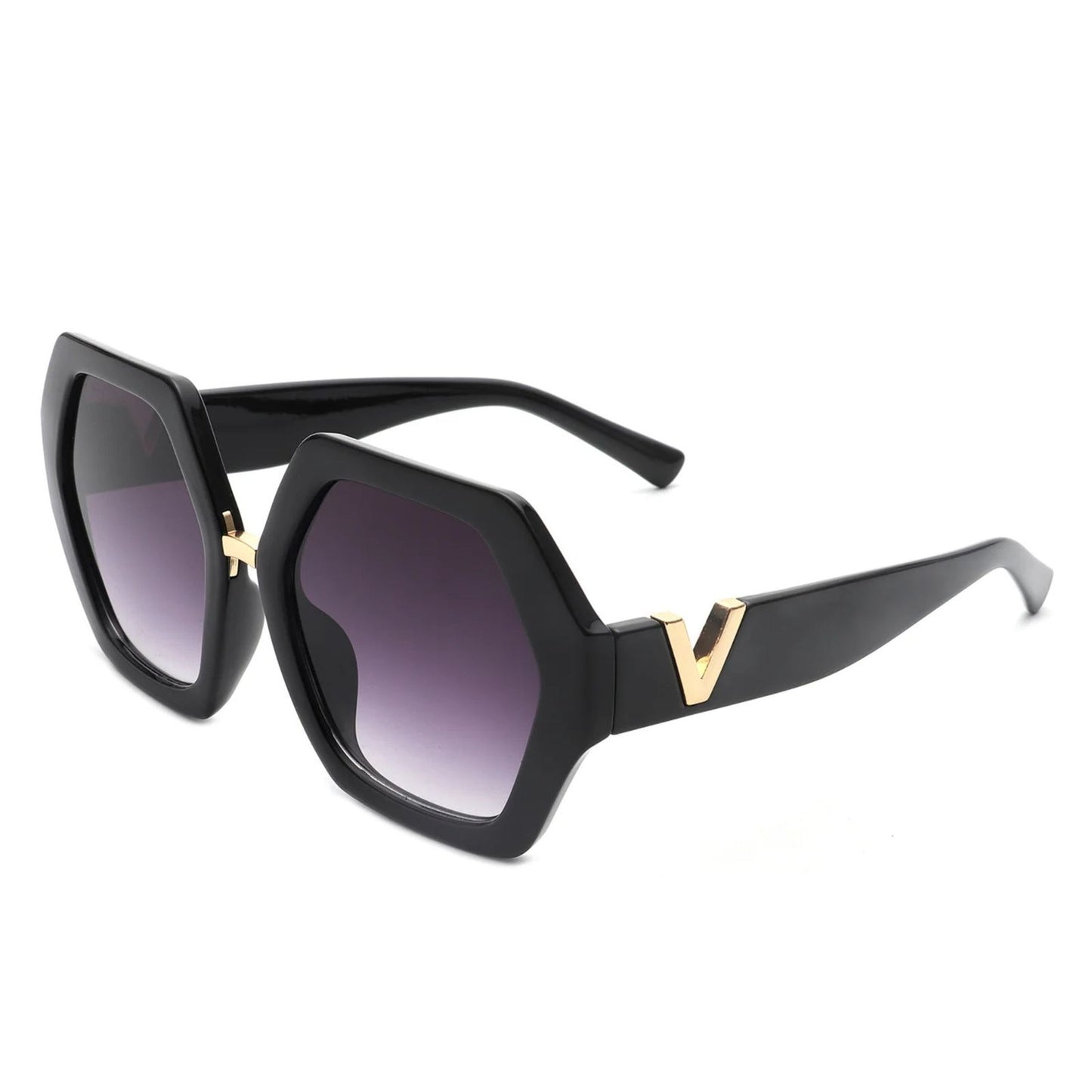 Sunglasses Black Geometric Hexagon Oversized Women