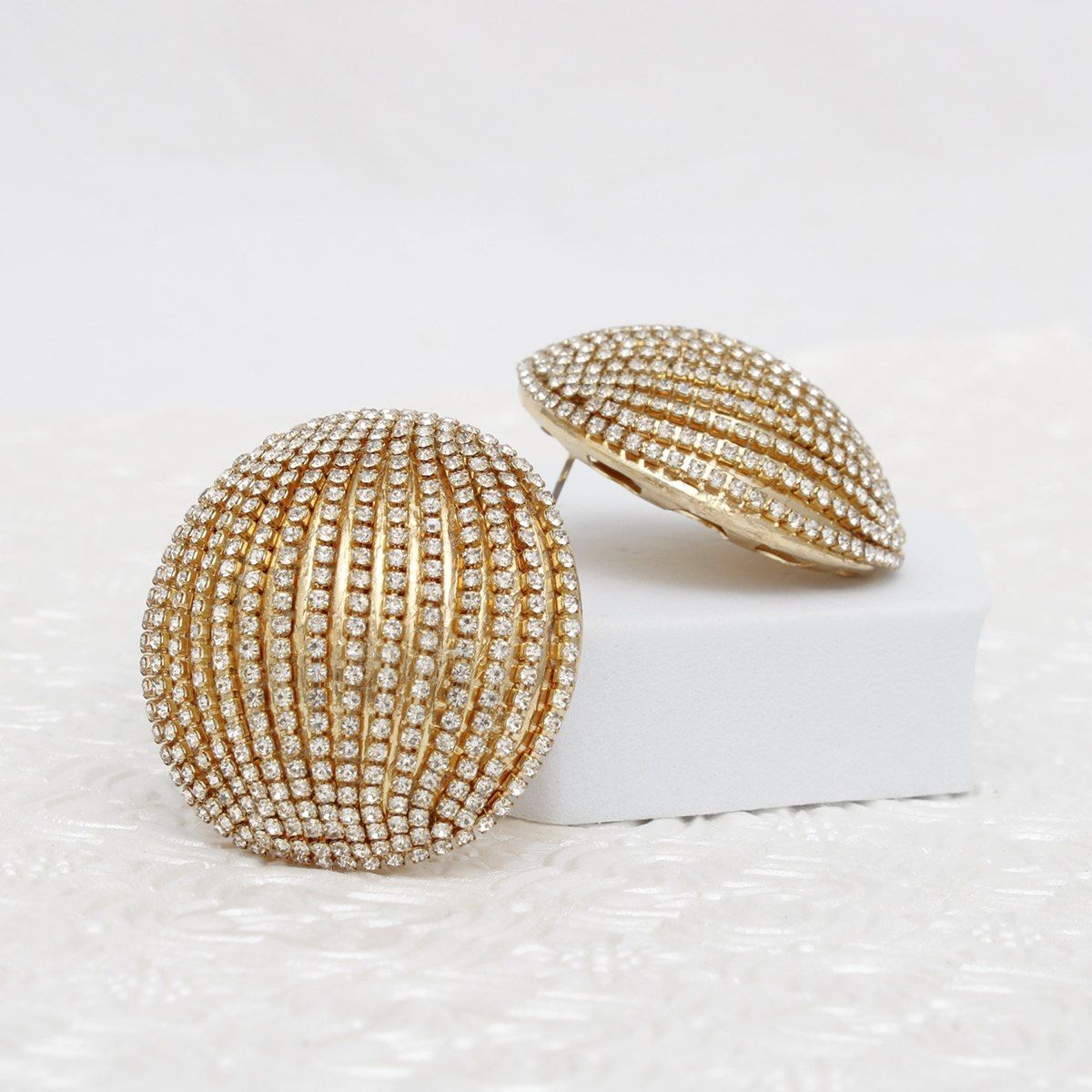 Stud Domed Gold Striped Shimmer Polished Earrings