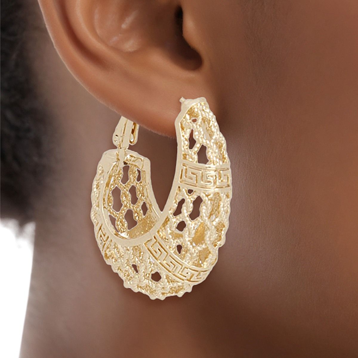 Hoop Gold Brass Oval Woven Net Greek Key Earrings