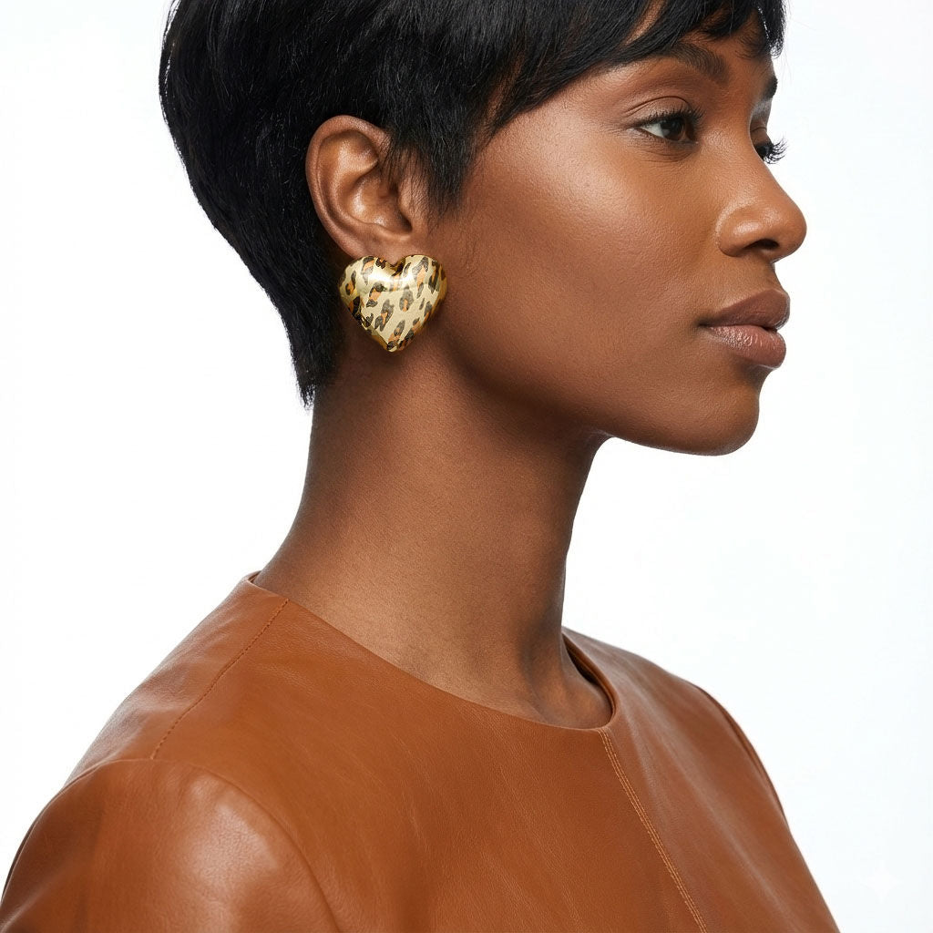 Stud Jungle Chic Puffed Heart Leopard Earrings