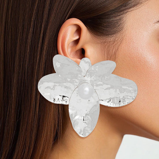 Stud Large Sculpted Petal Silver Flower Earrings