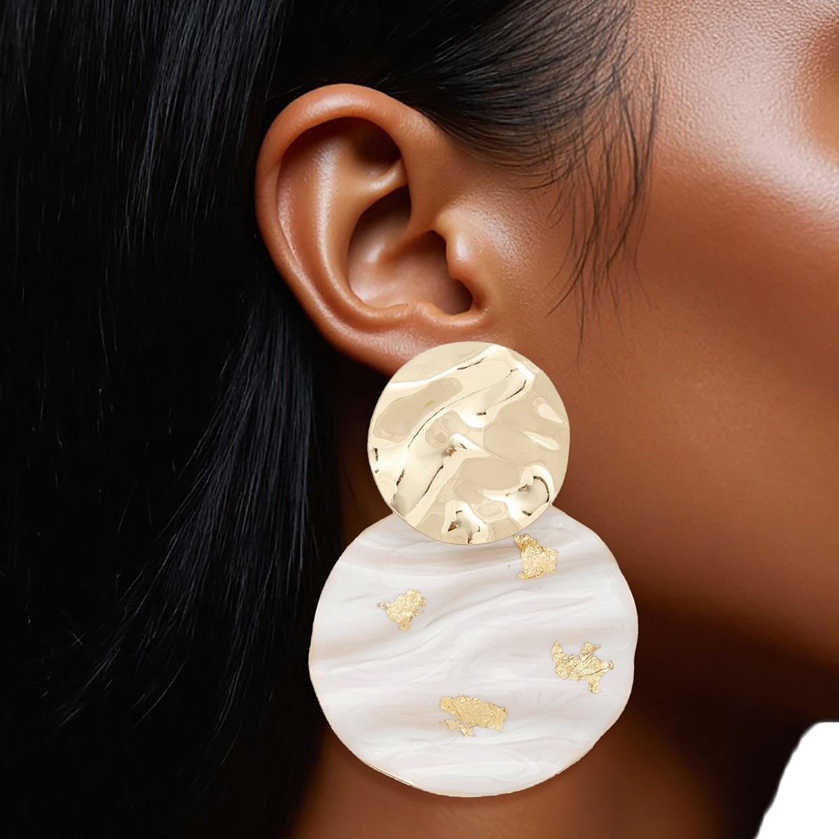 Drop Wavy Gold Cream Painted Disc Design Earrings