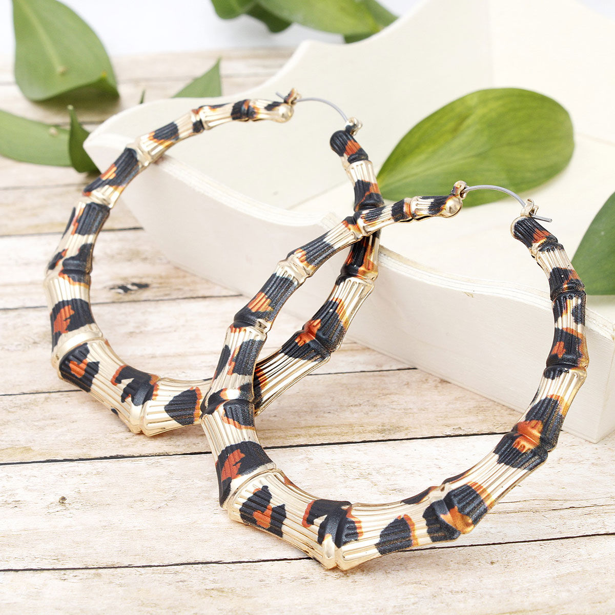 Hoop Leopard Pattern Gold Bamboo Earrings Women