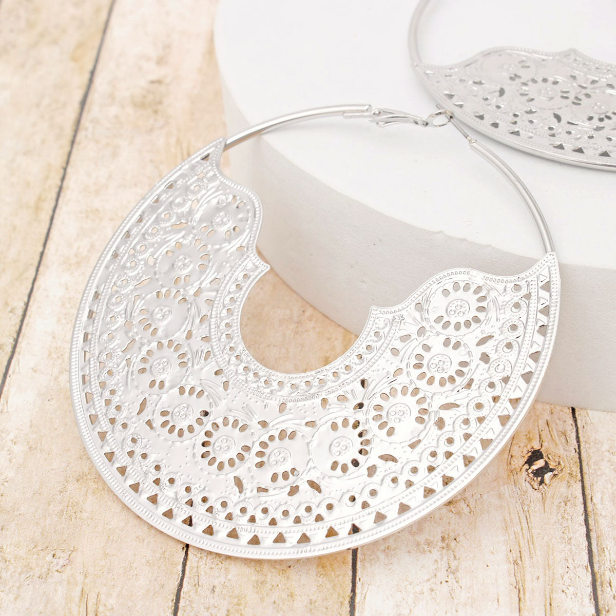 Hoop Intricate Filigree Large Boho Silver Earrings