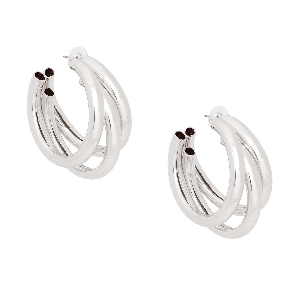 Hoop Triple Threat Silver Metal Tube Earrings