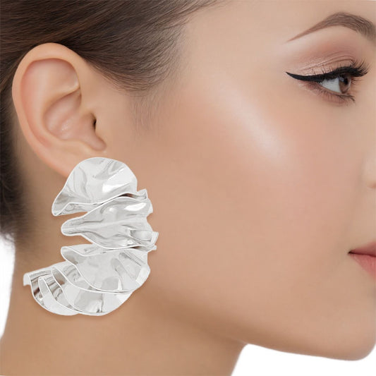 Stud Molded and Folded Silver Metal Fanned Earrings