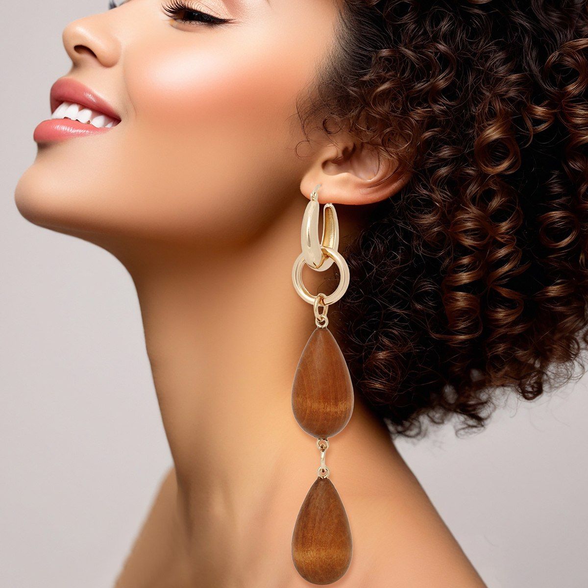 Hoop Brown Wood Teardrop Long Gold Earrings
