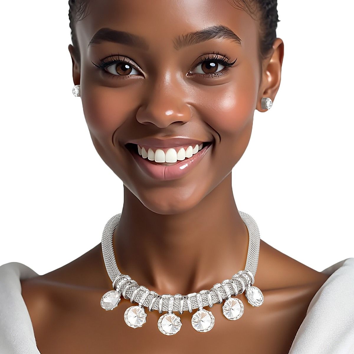 Choker Silver Mesh Round Crystal Slide Necklace