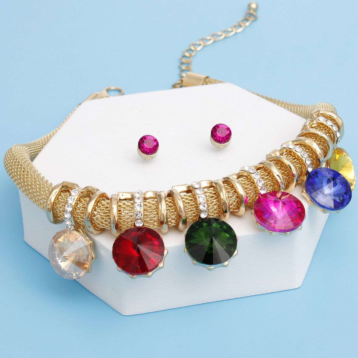 Choker Gold Mesh Multicolor Crystal Slide Necklace