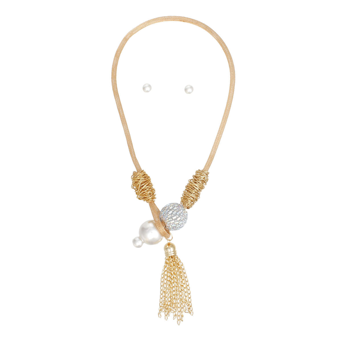 Toggle Pearl and Aurbo Tassel Gold Chain Necklace