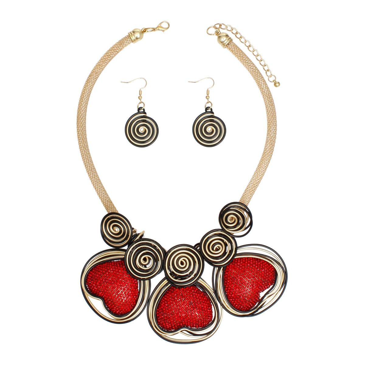 Bib Red Rhinestone Heart Gold Black Wire Set