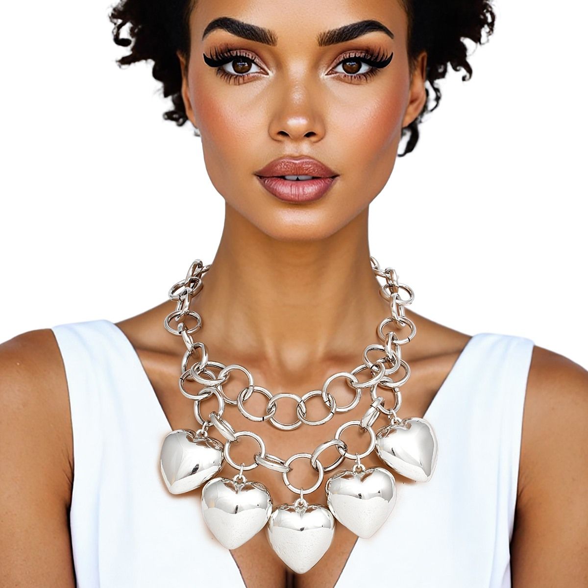 Chain Chunky Polished Silver Puffy Heart Necklace