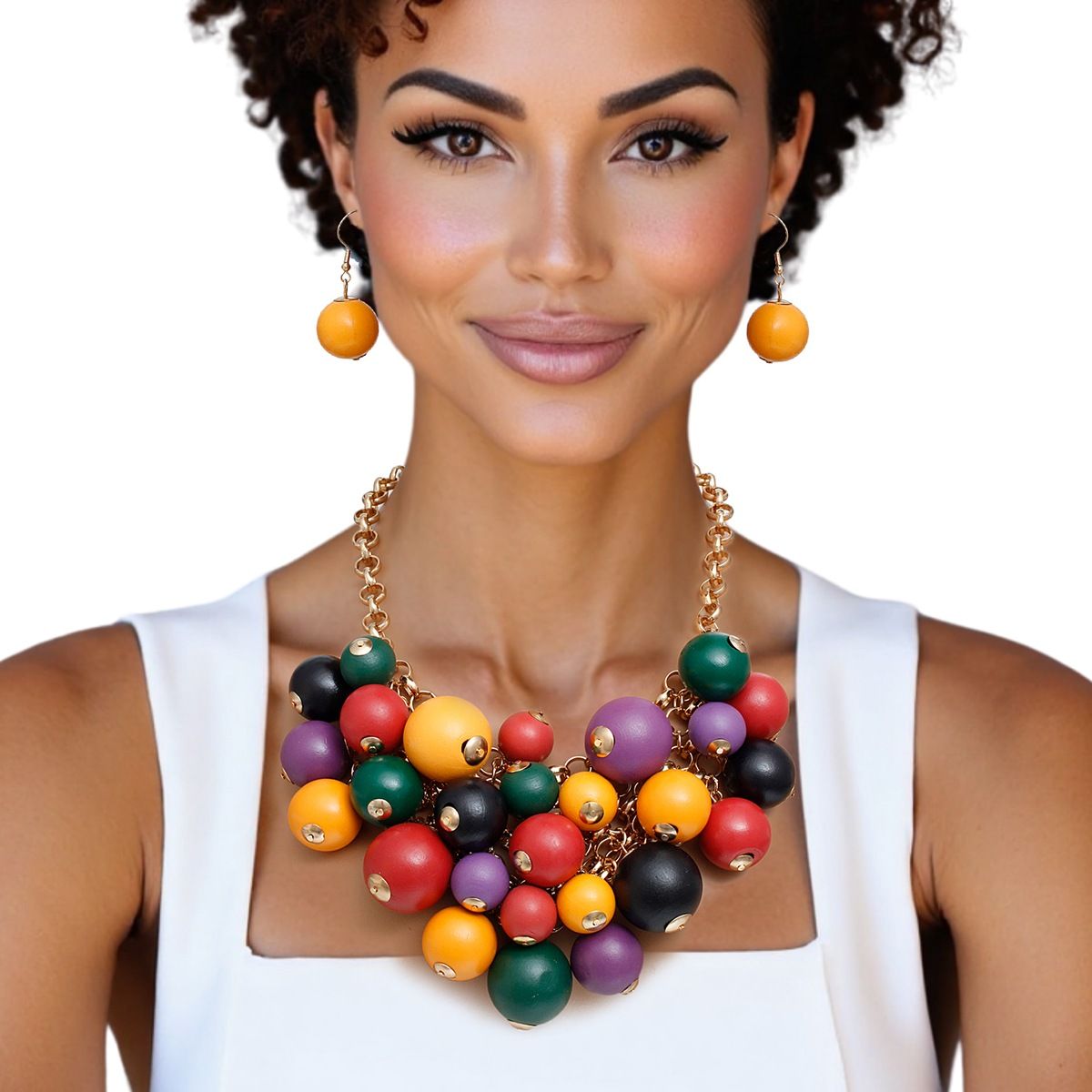 Bib Multicolor Wood Bead Cluster Necklace Women