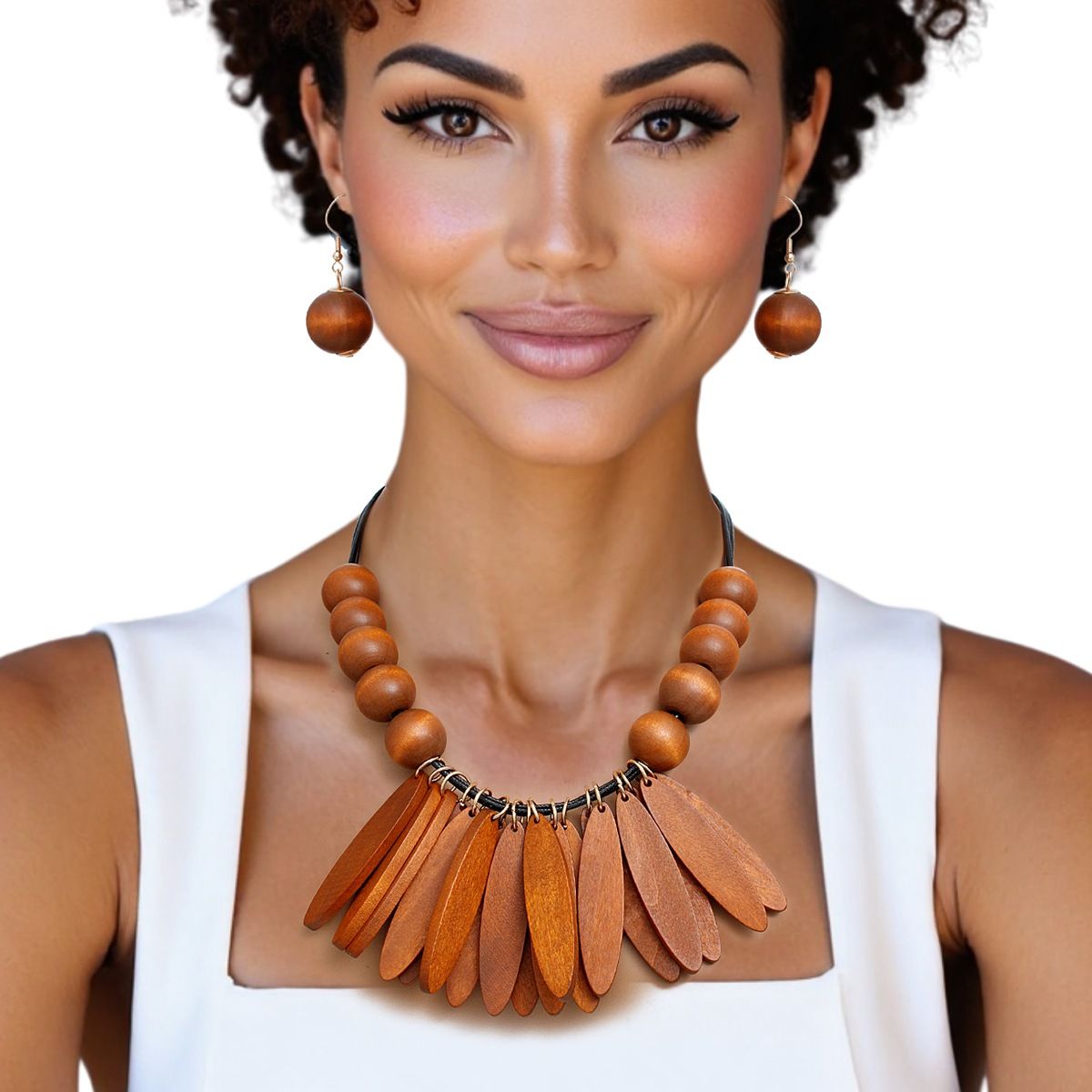 Bib Oval Wood Bead Brown Necklace for Women