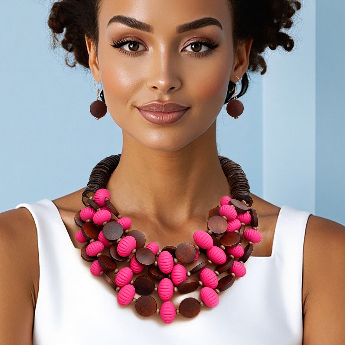 Beaded Fuchsia Coconut Wood Disc Necklace Women
