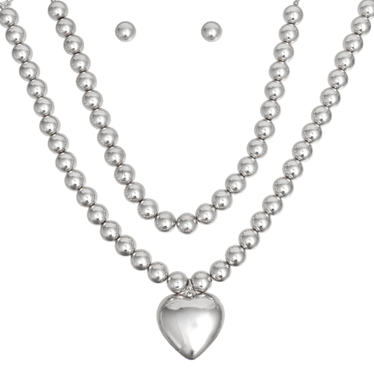 Beaded Silver Heart Pendant Double Necklace Set