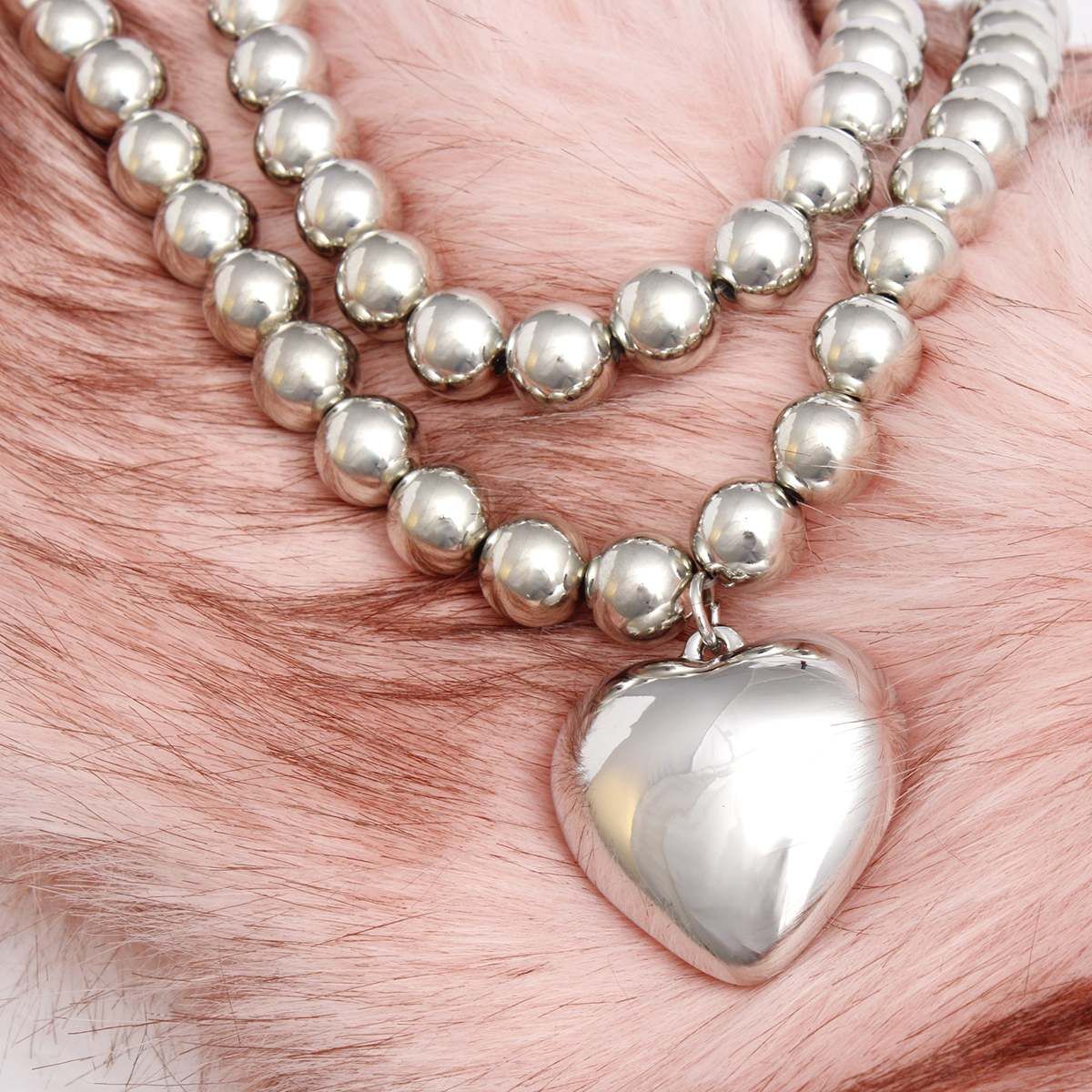 Beaded Silver Heart Pendant Double Necklace Set