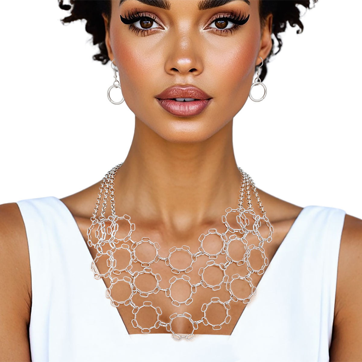 Chain Multi Row Multi Circle Silver Bib Necklace
